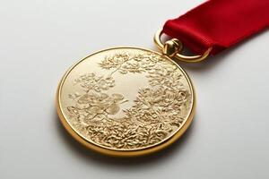 de cerca de un reluciente oro medalla adornado con intrincado floral diseños y un vibrante rojo cinta. foto
