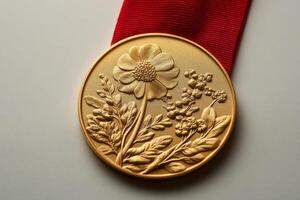 An exquisite gold medal featuring an embossed floral design and red ribbon, symbolizing achievement and excellence. photo