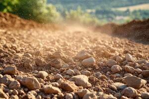Close-up of rich, textured soil with scattered pebbles, illuminated by warm, golden sunlight. photo