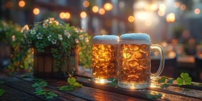 Two frothy mugs of beer sit on a rustic wooden table, surrounded by vibrant greenery and glowing lights, creating a warm, inviting atmosphere. photo