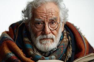 An elderly Caucasian man with glasses and a white beard gazes thoughtfully at the camera, wrapped in a cozy scarf. photo
