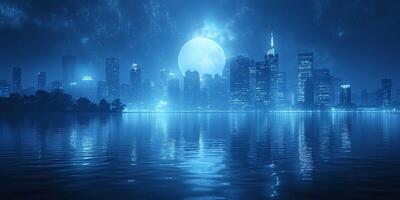 A serene night view of a vibrant city skyline under a luminous full moon, reflecting on the calm waters below. photo