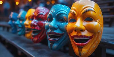 Colorful theatrical masks arranged in a row, showcasing vibrant hues of blue, red, yellow, and more. photo