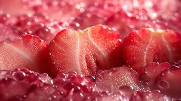 Close-up of fresh red strawberries drenched in water droplets, showcasing their vibrant color and juicy texture. photo