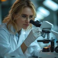 A focused young Caucasian woman examines a sample through a microscope in a laboratory setting. photo