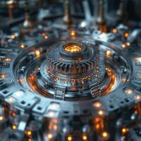 Intricate metallic gears illuminated with warm LED lights create a futuristic and sophisticated machinery aesthetic. photo