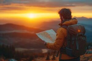 A male hiker, wearing an orange jacket, examines a map against a stunning sunset backdrop, capturing the spirit of adventure. photo