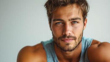 A handsome young man of Caucasian descent with striking blue eyes and a beard, exuding confidence and charisma. photo
