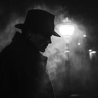 A mysterious man in a fedora, captured in silhouette amidst the rain and mist, evoking a sense of intrigue and drama. photo