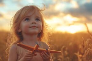 A young Caucasian girl with windswept blonde hair holds an orange toy airplane, gazing up at the sunset with wonder. photo