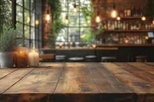 A cozy wooden table with candles and plants in a warm, inviting bar environment. photo