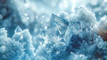 Close-up of sparkling blue crystal formations glistening in soft light. photo