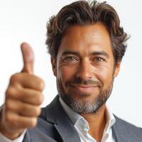 Smiling Caucasian man in a suit giving a thumbs-up gesture against a neutral background. photo