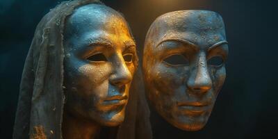 Two ancient masks appear eerily in a dimly lit setting, evoking mystery and intrigue. photo