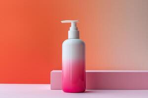 A sleek, gradient pink and white pump bottle stands against a soft, colorful background, showcasing modern design and elegance. photo