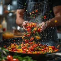 A male chef joyfully tosses fresh cherry tomatoes and herbs in a hot skillet, illustrating culinary passion and vibrant cooking. photo
