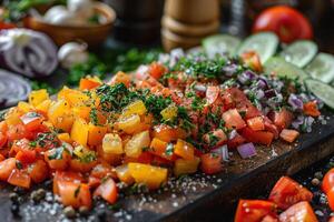 A vibrant array of diced vegetables including tomatoes, cucumbers, and herbs on a wooden cutting board. photo