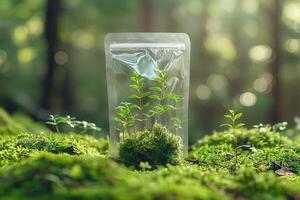 Fresh green seedlings emerging from a transparent package, surrounded by lush moss in a serene forest setting. photo