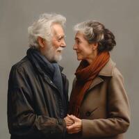 An affectionate elderly couple, a Caucasian man and woman, share a tender moment while holding hands, exuding warmth and love. photo