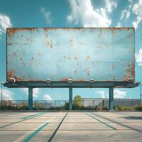 An empty, rusted billboard stands tall against a bright blue sky, evoking a sense of nostalgia and abandonment. photo