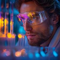 A focused male scientist with curly hair and protective glasses examines colorful test tubes in a vibrant laboratory. photo