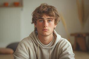 A young Caucasian male with light brown hair and blue eyes, sitting indoors in a cozy setting. photo