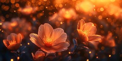 Beautiful orange flowers glistening in soft golden light, creating a warm and enchanting atmosphere. photo