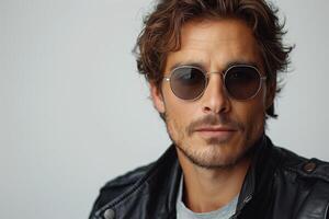 A stylish man of Mediterranean descent wearing round sunglasses and a black leather jacket, exuding confidence and charisma. photo