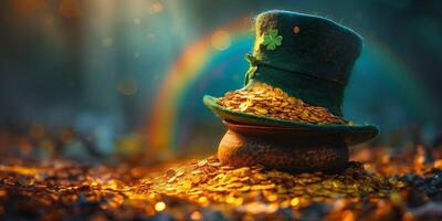 A whimsical pot of gold adorned with a green leprechaun hat, surrounded by shimmering coins and a faint rainbow in the background. photo