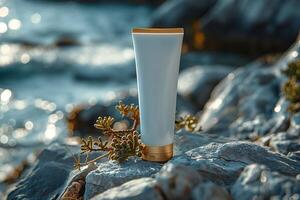 A sleek, blank tube of cream rests on sunlit rocks by the ocean, surrounded by lush greenery. photo