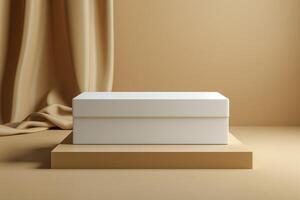 Minimalist white box on a beige pedestal with soft drapery in the background, creating a serene and elegant atmosphere. photo