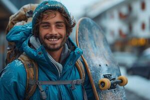 A smiling young man with a beard stands in a snowy setting, holding a skateboard, dressed in a blue jacket and winter hat. photo