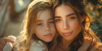 A touching moment between a mother and daughter, both with light brown hair and captivating blue eyes, sharing a warm embrace. photo