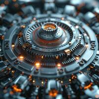 Abstract close-up of a futuristic mechanical device with glowing elements and intricate details. photo