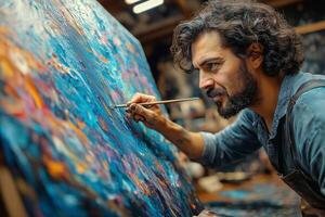 A male artist with a curly beard passionately paints a vibrant abstract artwork in a colorful studio. photo