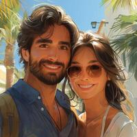 A happy couple poses for a selfie in the sun, surrounded by palm trees and vibrant blue skies. photo