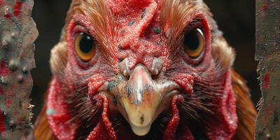 Close-up of a vibrant red chicken, showcasing its striking plumage and intense gaze. photo