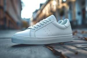 Stylish white sneakers showcased on a city sidewalk during golden hour. photo