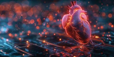 A glowing 3D representation of a human heart on a futuristic circuit board background, blending biology and technology. photo