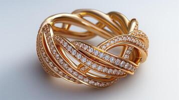Elegant gold bracelet adorned with sparkling diamonds, showcasing intricate weaving patterns. photo