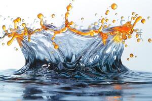 A mesmerizing splash of orange liquid creating dynamic shapes in clear water. photo