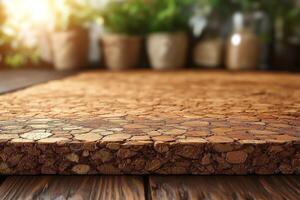 Close-up of a textured cork board on a wooden table, with soft sunlight illuminating the scene. photo