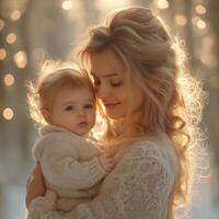A serene moment between a Caucasian woman and her baby, surrounded by soft, glowing lights in a winter setting. photo