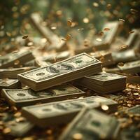 Stacks of dollar bills surrounded by coins, creating a vivid display of wealth and abundance. photo