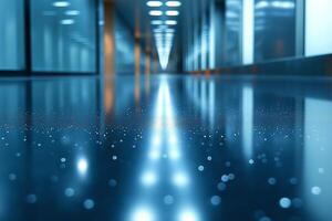 A sleek, modern corridor with a glimmering floor reflecting light patterns, creating a serene yet futuristic atmosphere. photo