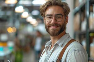 Smiling Caucasian man with glasses and a beard, wearing a shirt and suspenders, in a cozy shop setting. photo