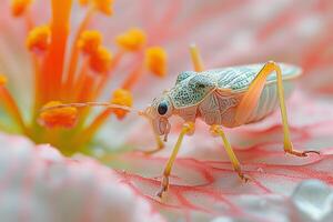 Close-up of a translucent insect perched on a pink flower with orange stamen, showcasing intricate details of its body. photo
