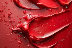 Close-up of vibrant red paint, artistically smeared and splattered on a canvas, creating a dynamic and creative atmosphere. photo
