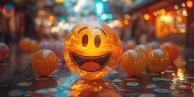 A cheerful orange smiley ball shines brightly, surrounded by playful orbs reflecting joyous lights in a vibrant market setting. photo