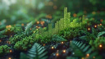 A vibrant green audio waveform design emerges from a lush, fern-filled forest floor, symbolizing the fusion of nature and technology. photo